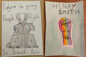LGBTQU+ Haven postacards to Henry Smith with drawing of badger and rainbow fist in air