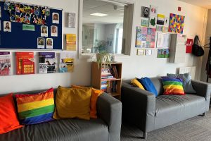 LGBTQU+ haven at Crawley YAC including sofas with rainbow pillows