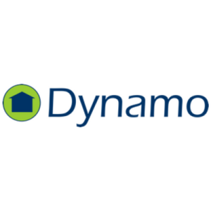 Green circle with navy house outline inside, next to the word 'Dynamo'