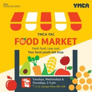 YAC Food market yellow poster with cartoon vegetables