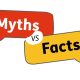 featured image for the grooming gangs blog. It has two speech bubbles, the red one says 'myths' and the yellow one says 'fact'