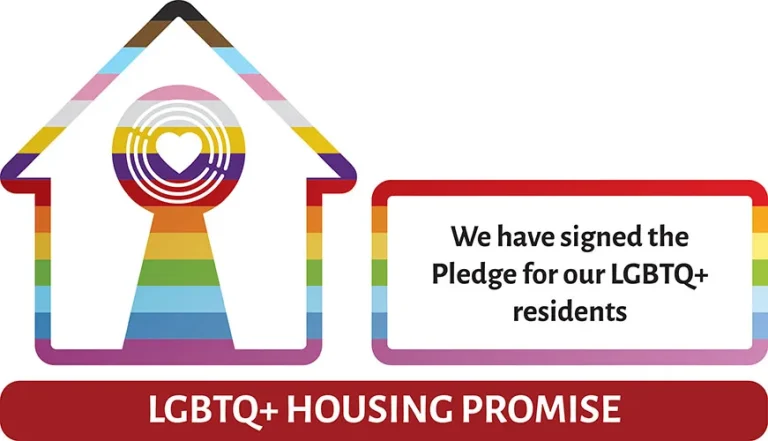 Logo of LGBTQ+ Housing Pioneer+ featuring a house with rainbow colours and text stating, "We are going further alongside our LGBTQ+ residents.”