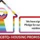 Logo of LGBTQ+ Housing Pioneer+ featuring a house with rainbow colours and text stating, "We are going further alongside our LGBTQ+ residents.”
