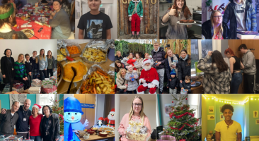 Collage of photos: a group of residents eating christmas dinner; a young resident smiling wearing his new earphones, an elf outside santa's grotto